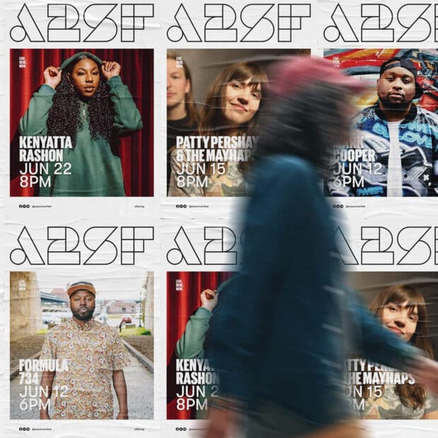 A blurred person walks past posters featuring musicians for A2SF. Each poster includes a close-up of the artist, concert date, and time.