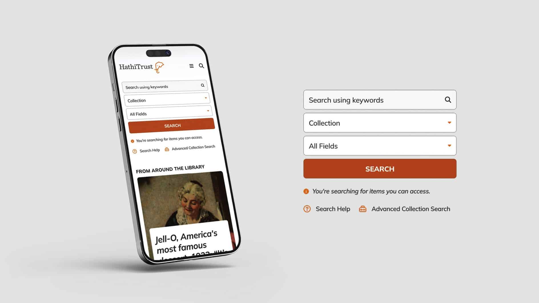 Smartphone displaying a library search interface with fields for keyword entry and a search button. Nearby is a simple, clear desktop version.