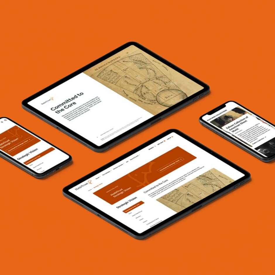 Digital devices on an orange background display a website with maps and text. The layout suggests a professional, modern design.