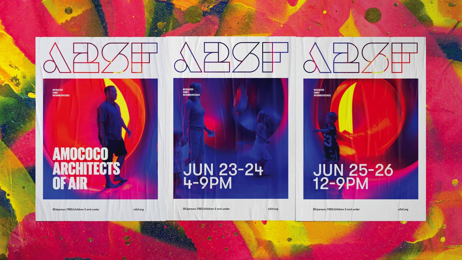 Three vibrant event posters for 'ABSF' with colorful abstract backgrounds. Each poster features dates, times, and 'Amococo Architects of Air.' Bright, dynamic design.