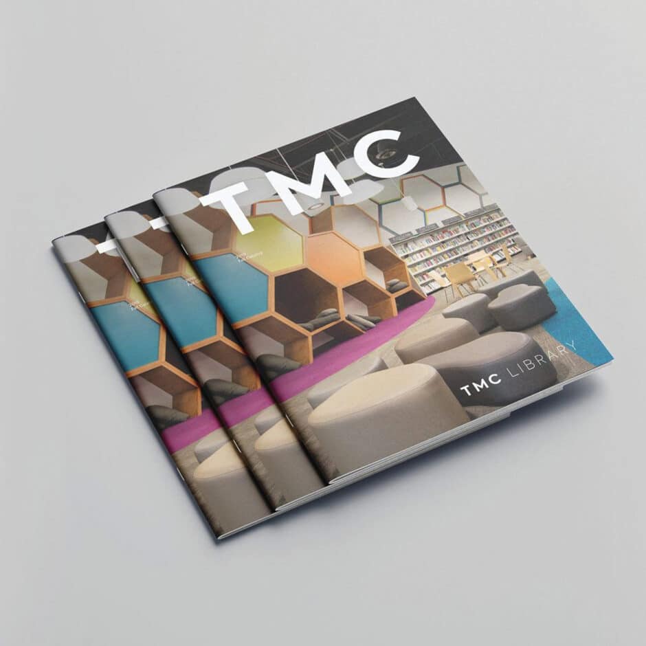 Three stacked brochures with the title "TMC Library" showcase a modern library interior. Features hexagonal shelves, colorful seating, and bookshelves.