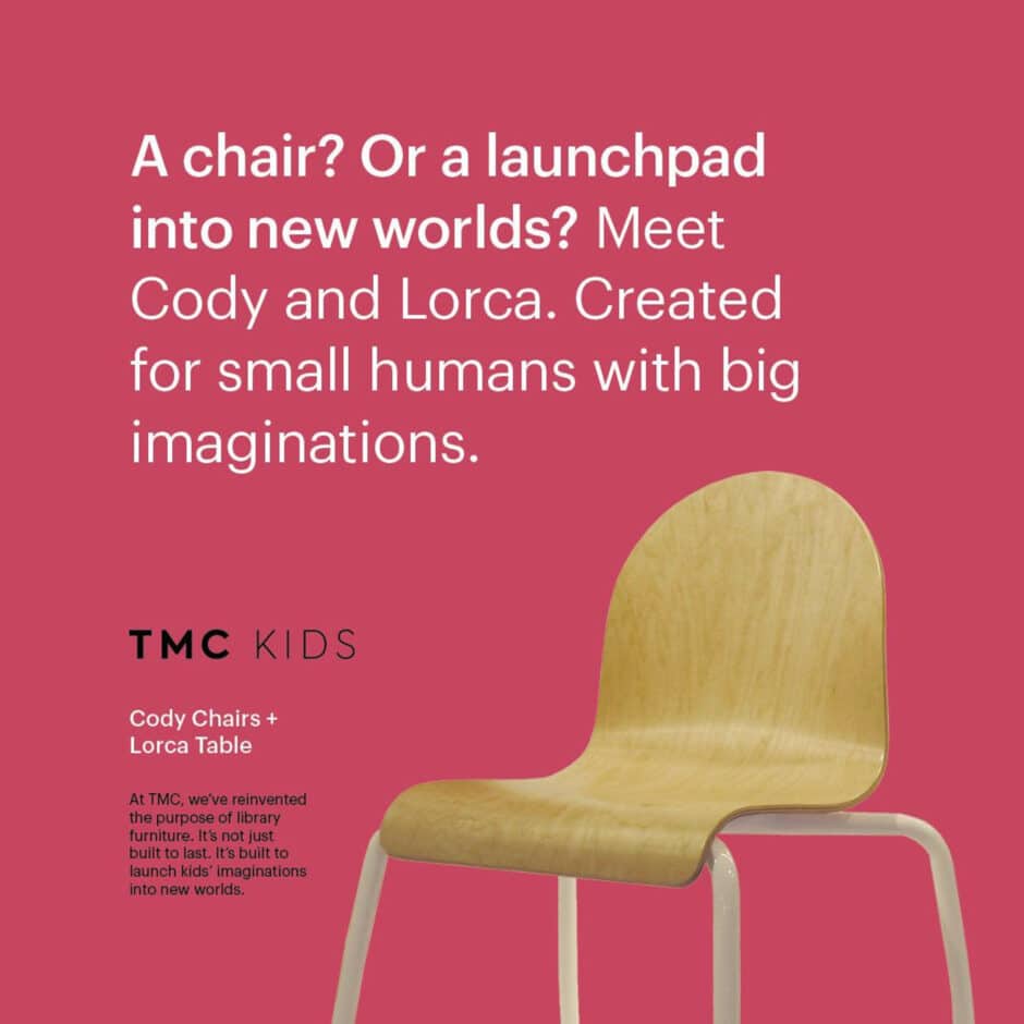 A light wooden chair with white legs on a pink background. White text reads: "A chair? Or a launchpad into new worlds? Meet Cody and Lorca. Created for small humans with big imaginations."