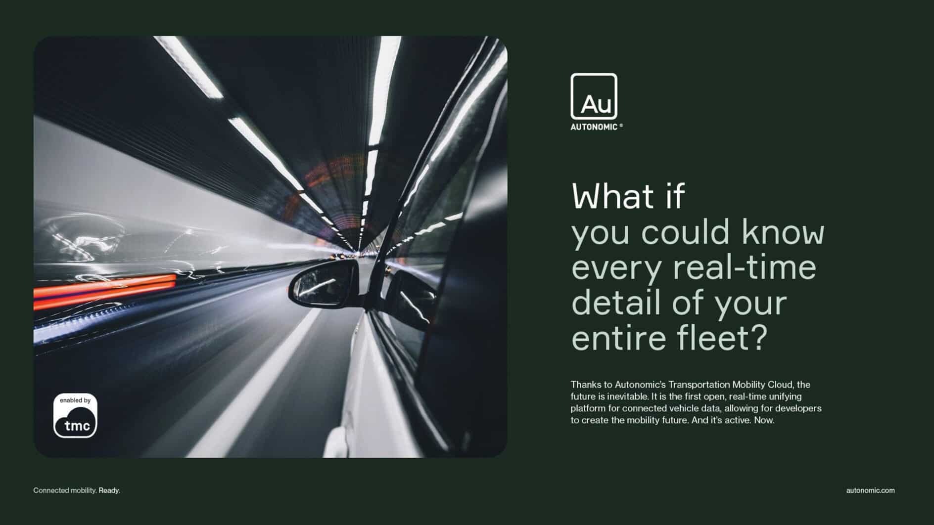 Sleek car speeds through a lit tunnel, conveying motion and futuristic technology. Text reads, "What if you could know every real-time detail of your entire fleet?"