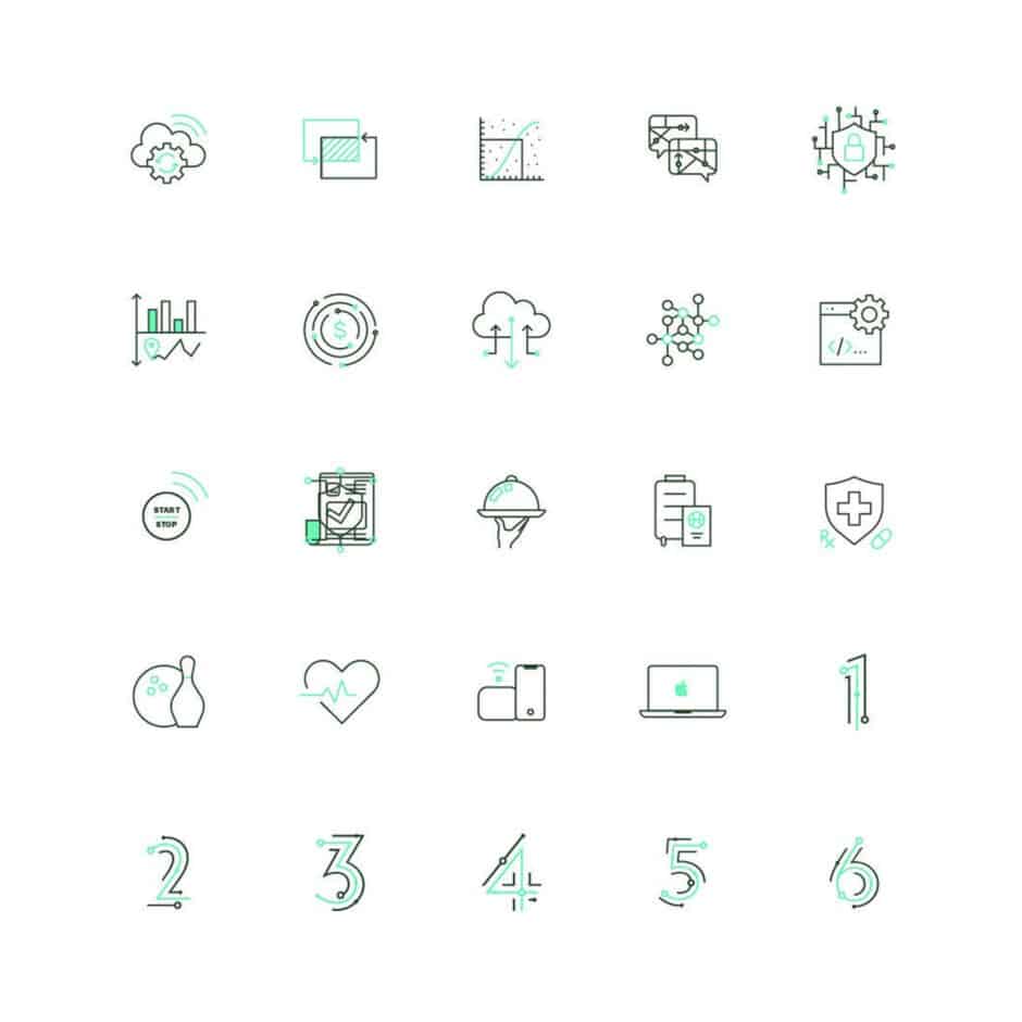 A grid of 24 minimalistic icons in green and black. Icons include cloud computing, graphs, and technology symbols, conveying innovation and digital themes.