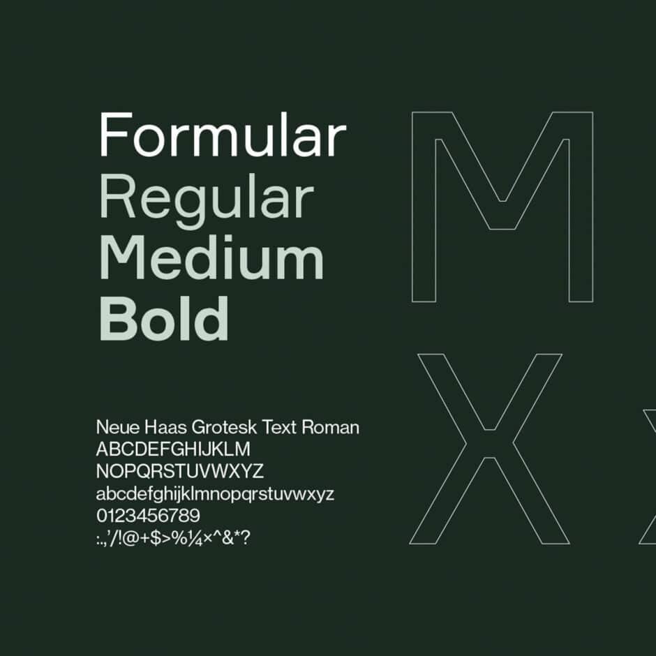Text showcasing different Neue Haas Grotesk Text Roman font weights on a dark green background, featuring alphabet, numerals, and special characters.