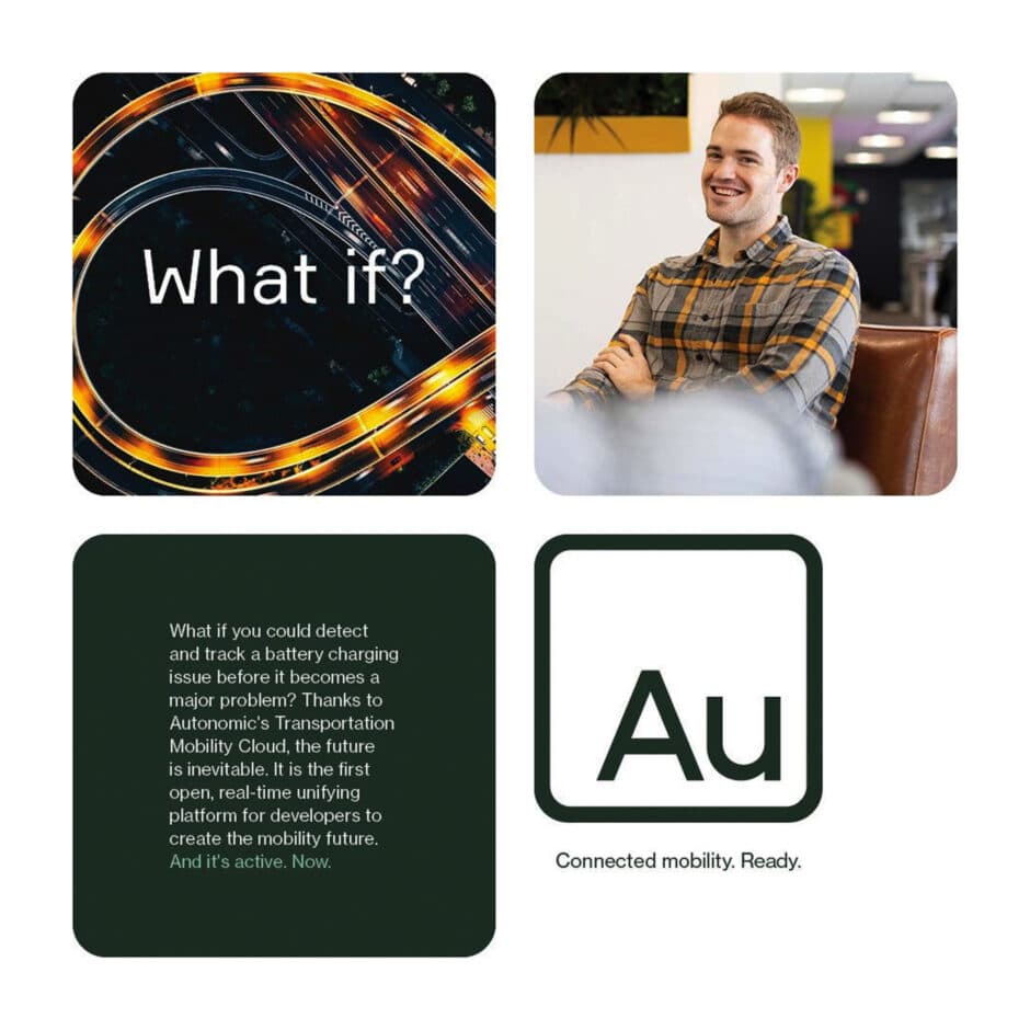 Alt text: "Composite image featuring swirling highway lights with 'What if?' text, a smiling man in plaid, a text block about battery charging solutions, and 'Au' logo with 'Connected mobility. Ready.' tagline."