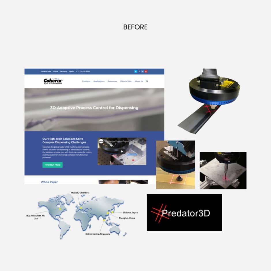 Website homepage showing 3D dispensing technology, with images of dispensing equipment. Includes a world map and the "Predator3D" logo. Tone: technical.