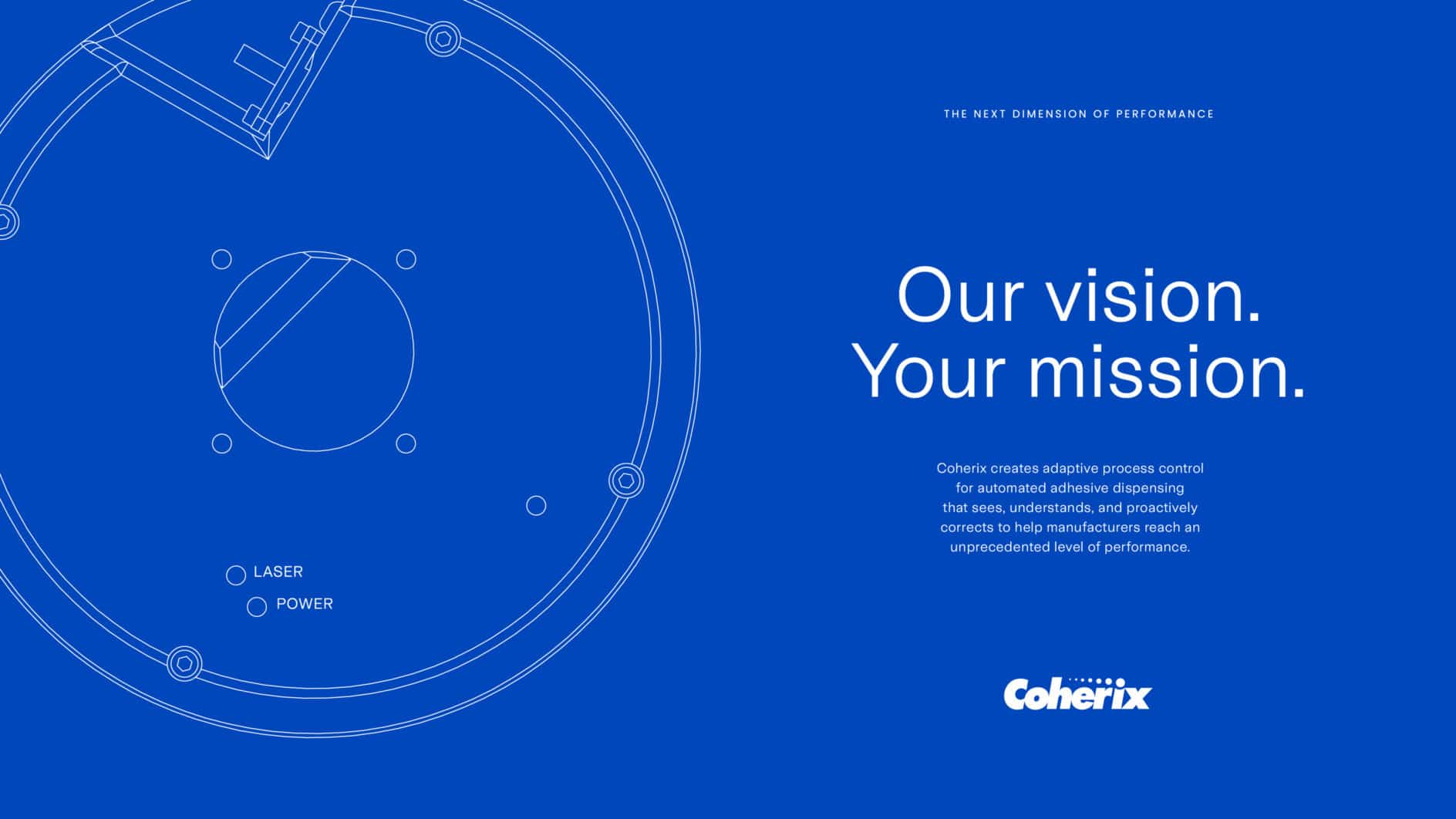 Blueprint-style background with technical diagram on the left and text on the right: "Our vision. Your mission." Coherix's logo is at the bottom.