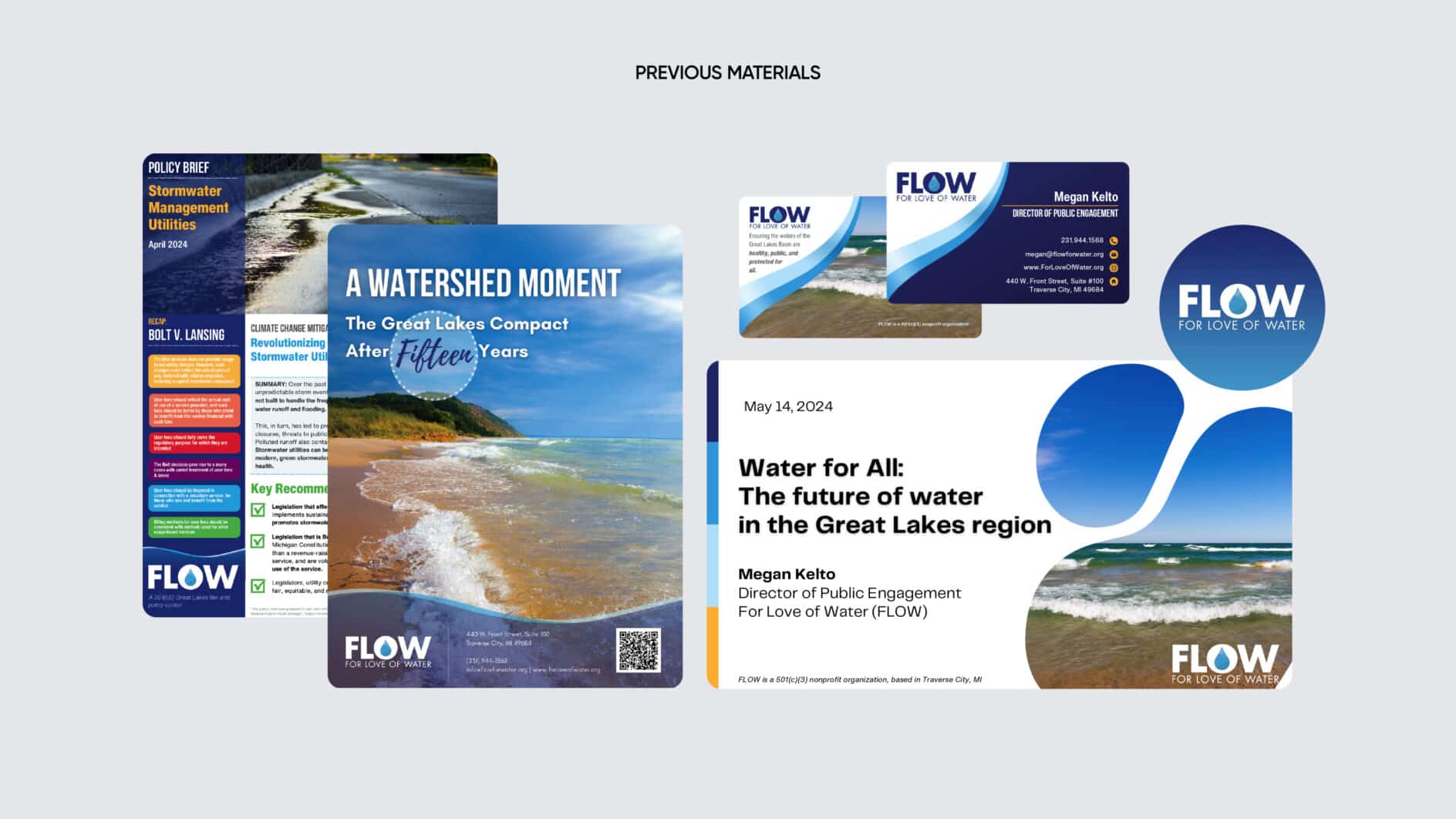 Alt text: "A collage of FLOW promotional materials. Includes a brochure with a beach scene, a colorful policy brief, business cards, and an event flyer titled 'Water for All: The future of water in the Great Lakes region.' Tone is professional and informative."