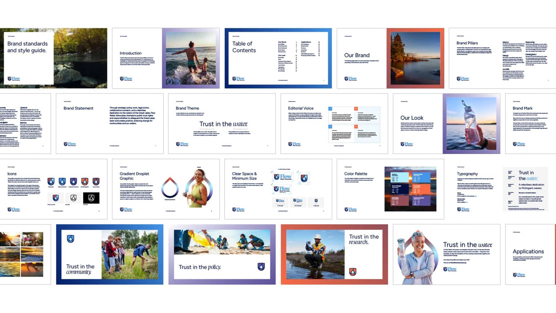 A collage of pages from a brand standards and style guide. It includes images of nature, people by water, and text sections detailing brand elements.