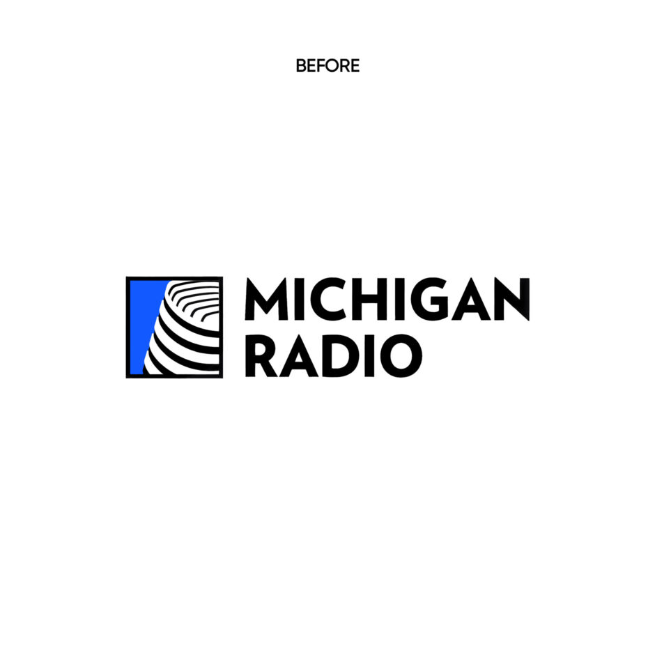 Logo of Michigan Radio featuring a blue square with a stylized black and white tower on the left, and bold black text "MICHIGAN RADIO" to the right. The word "BEFORE" is above.
