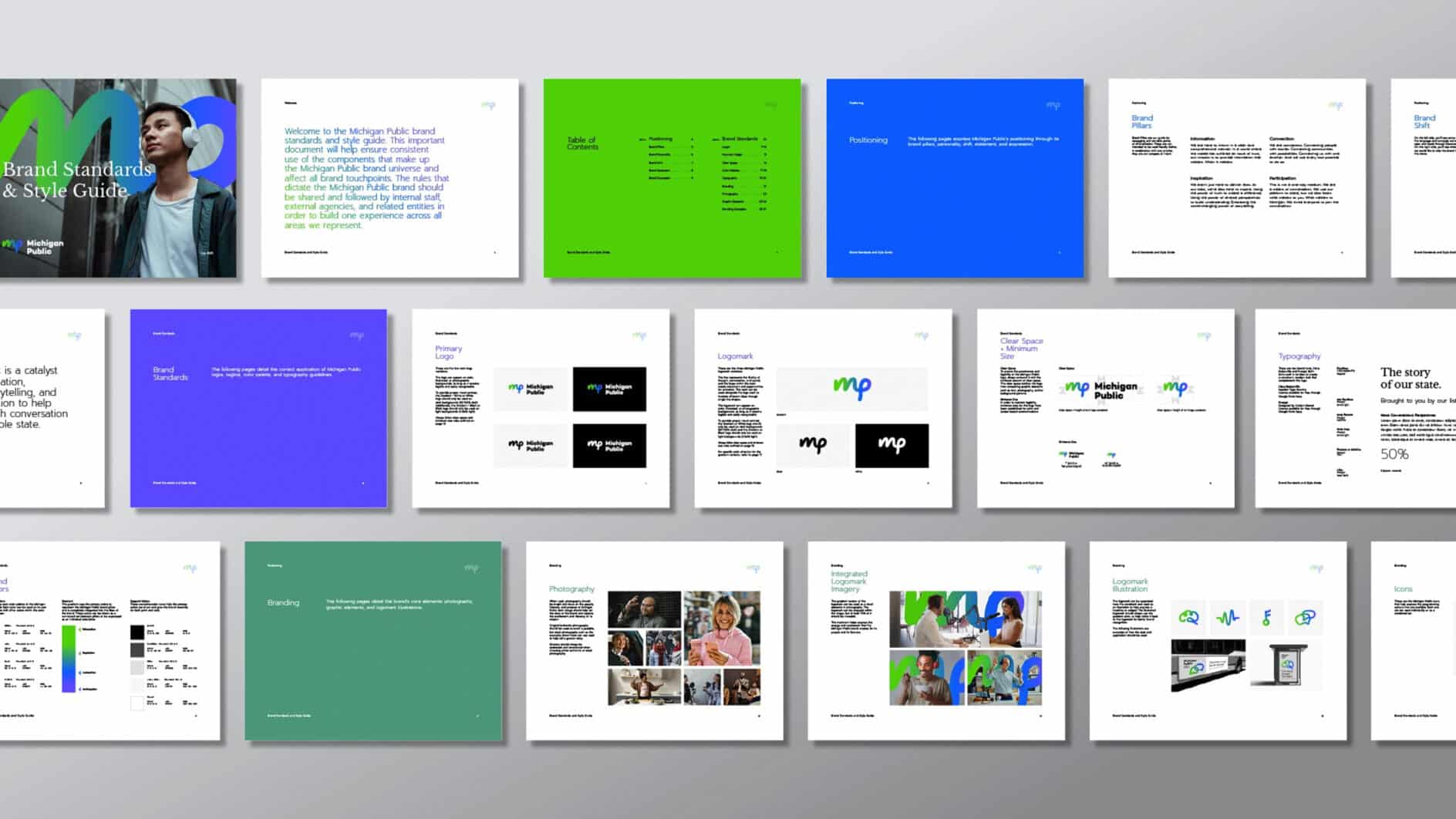 Alt text: A series of digital design slides showcasing a brand standards and style guide. The slides feature a mix of text, vibrant colors, and images, arranged in a grid layout on a light gray background. Each slide presents different branding elements, including logos, color palettes, typography, and example visuals.