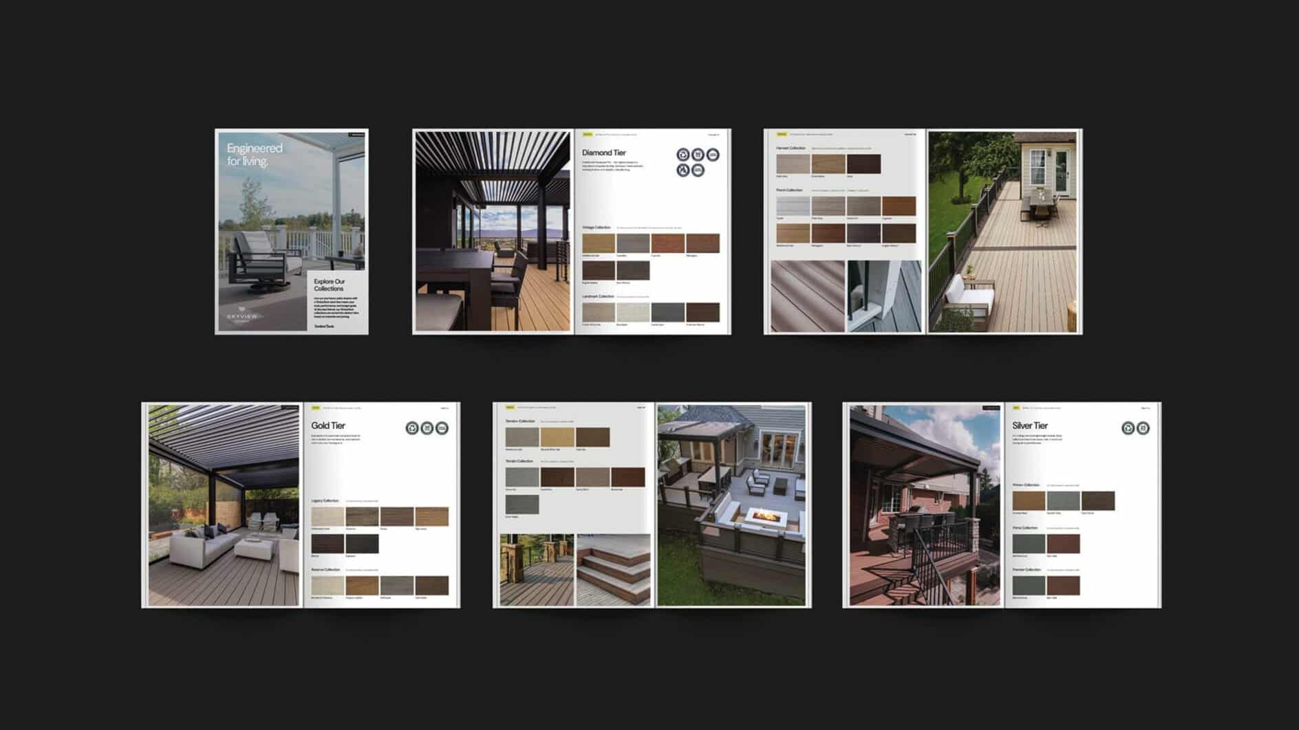 Alt text: A dark background featuring six open brochure pages showcasing outdoor living spaces with decking options. Each page has images of patios, color swatches, and design labels like "Diamond Tier" and "Gold Tier." The tone is modern and elegant, highlighting outdoor leisure environments.