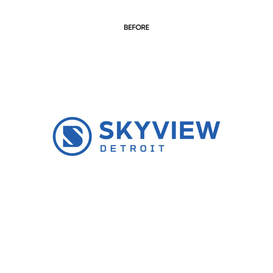 Blue "Skyview Detroit" logo on a white background with a stylized "S" in a circle. Bold, modern design with a text "BEFORE" at the top.