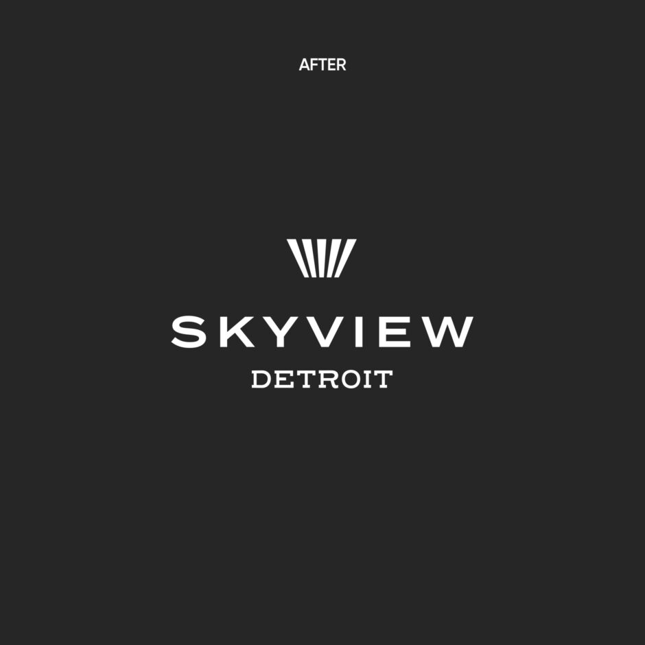 Dark gray background with the text "AFTER" at the top. Below, a stylized logo with vertical lines above the words "SKYVIEW DETROIT" in bold, white font.