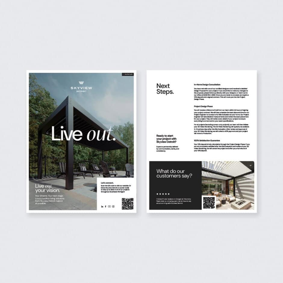 Two-page brochure for Skyview. Left: photo of a modern outdoor pergola with chairs, text "Live out." Right: text on design consultation and customer feedback.