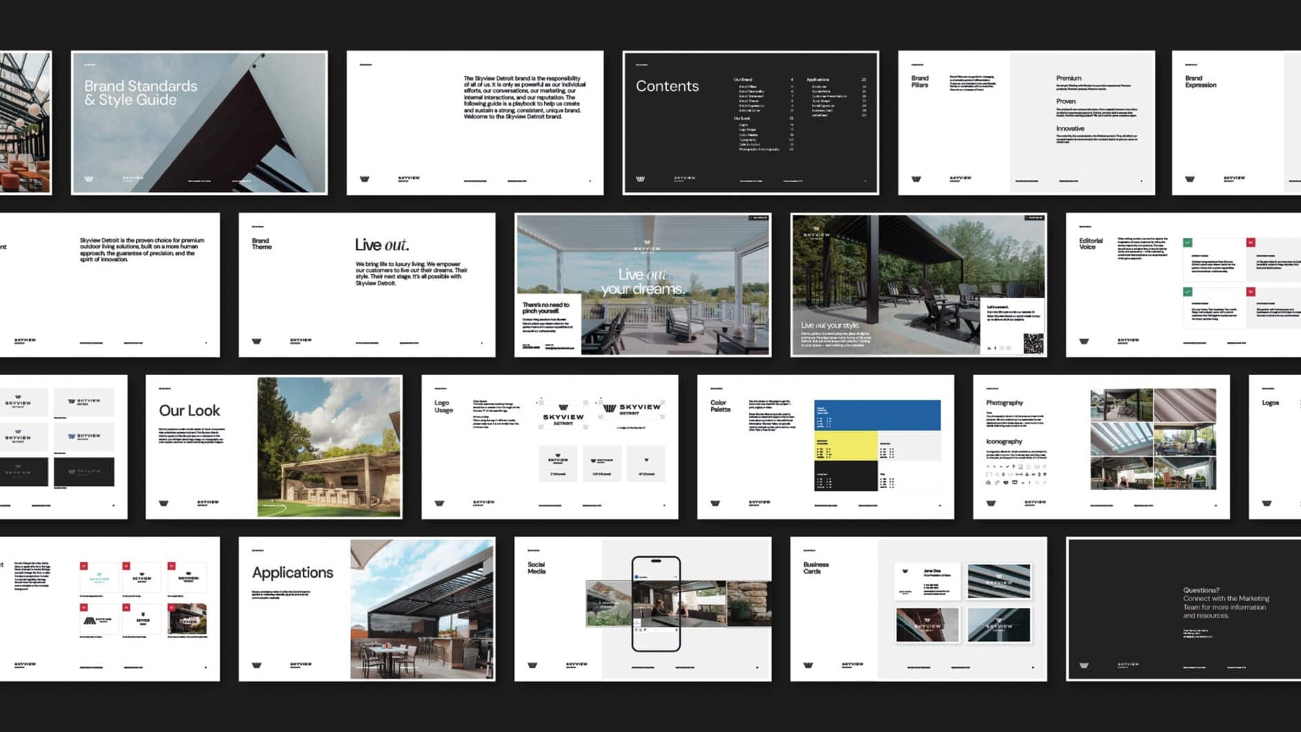 Alt text: A grid of open book-style pages showcasing a brand standards and style guide. Includes text-heavy pages, color samples, and architectural images, conveying a professional, modern aesthetic.
