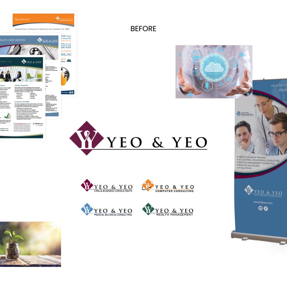 Collection of marketing materials for Yeo & Yeo, featuring brochures, logos, and a healthcare banner. A small plant in a jar adds a growth theme.