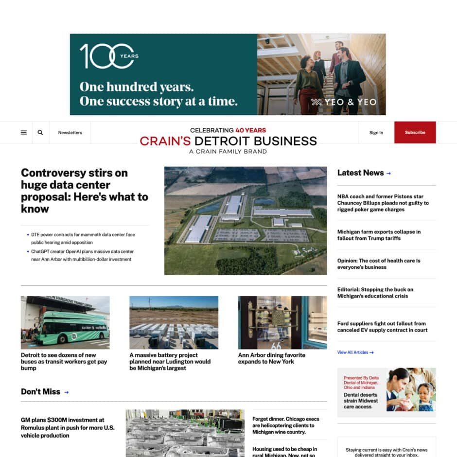 Front page of Crain’s Detroit Business website featuring headline on data center proposal. Includes sections on news, latest updates, and notable stories.