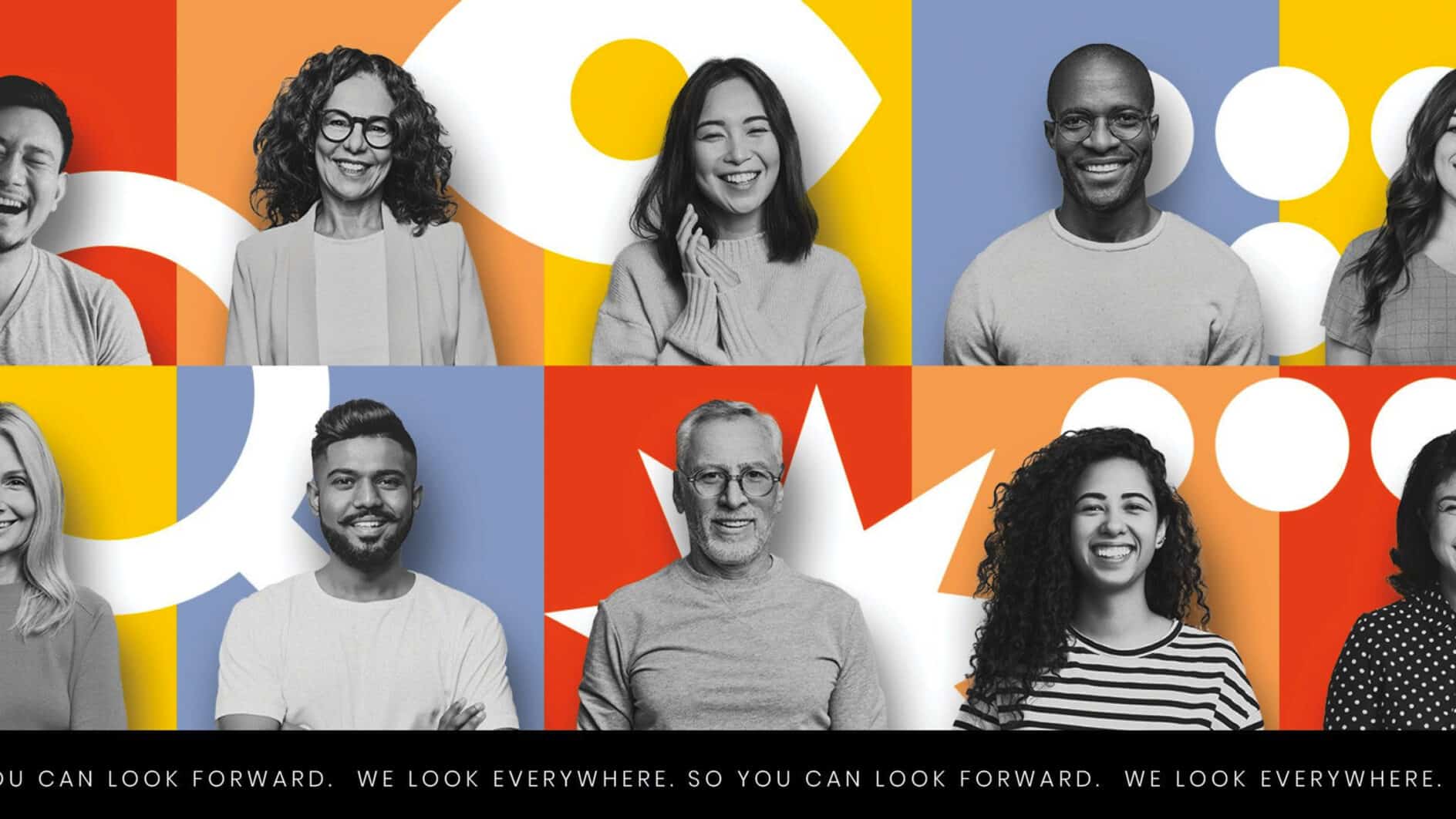 A grid of diverse people smiles against vibrant backgrounds of yellow, orange, and blue geometric patterns. The tone is friendly and optimistic.