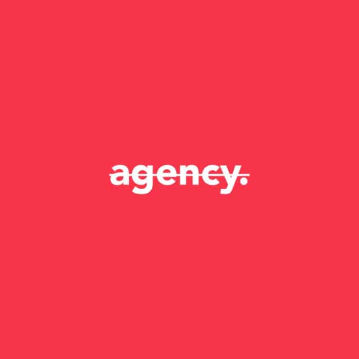 Bold white text "agency" with a strike-through line on a bright red background conveys a modern, striking, and minimalist design.