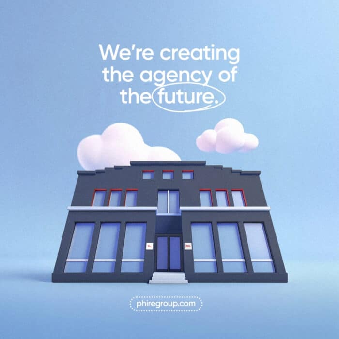 A stylized building against a blue sky with clouds is depicted. Text reads, "We're creating the agency of the future" with a playful, modern tone.