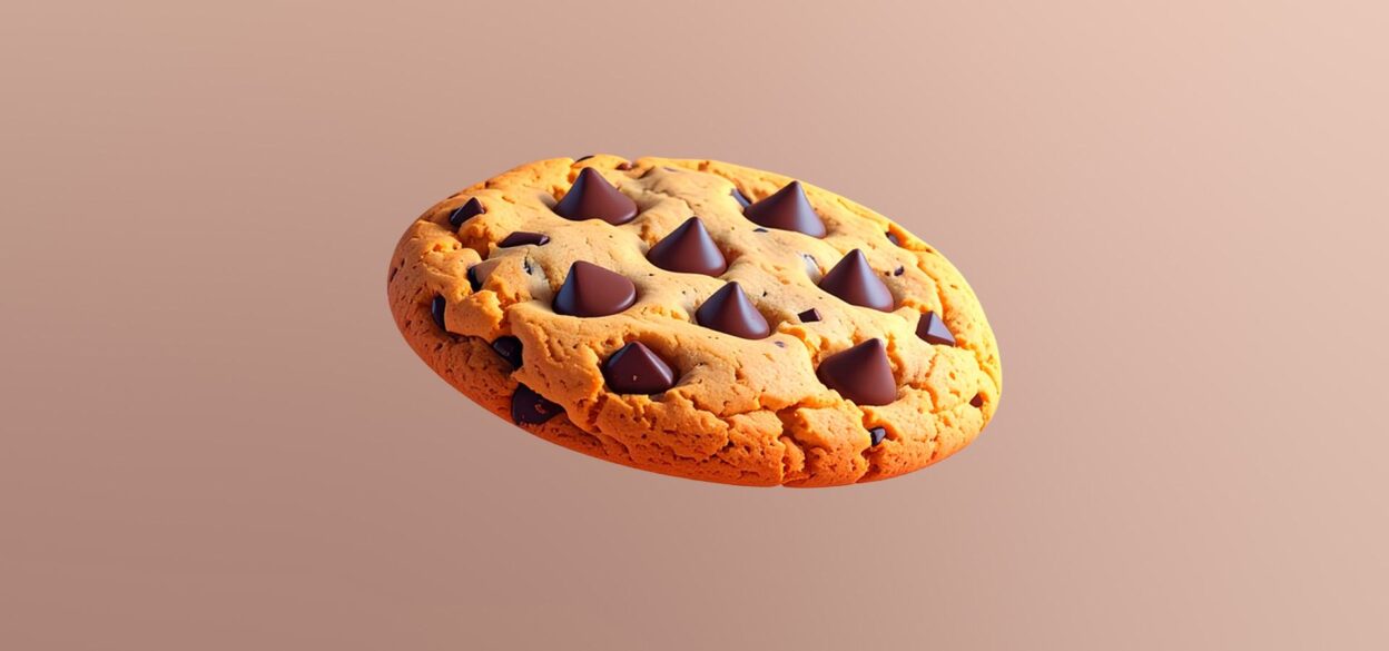 A realistic chocolate chip cookie with large chocolate chunks is floating against a soft, light brown background. The cookie has a warm, inviting appearance.